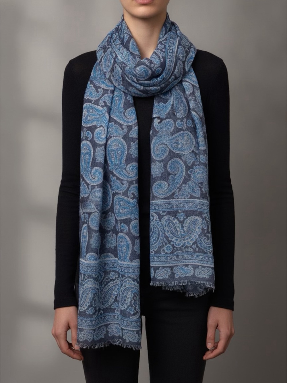 Borrelli Italian Light Blue Paisley Wrap Scarf 74x26 linen & modal blend